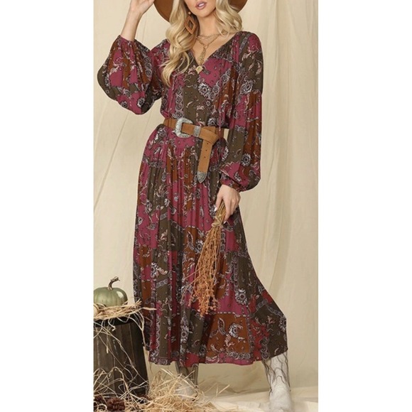 GiGIO Boho‎ Paisley Maxi Dress Women V Neck Long Sleeve Fall Style New Medium - Picture 2 of 5